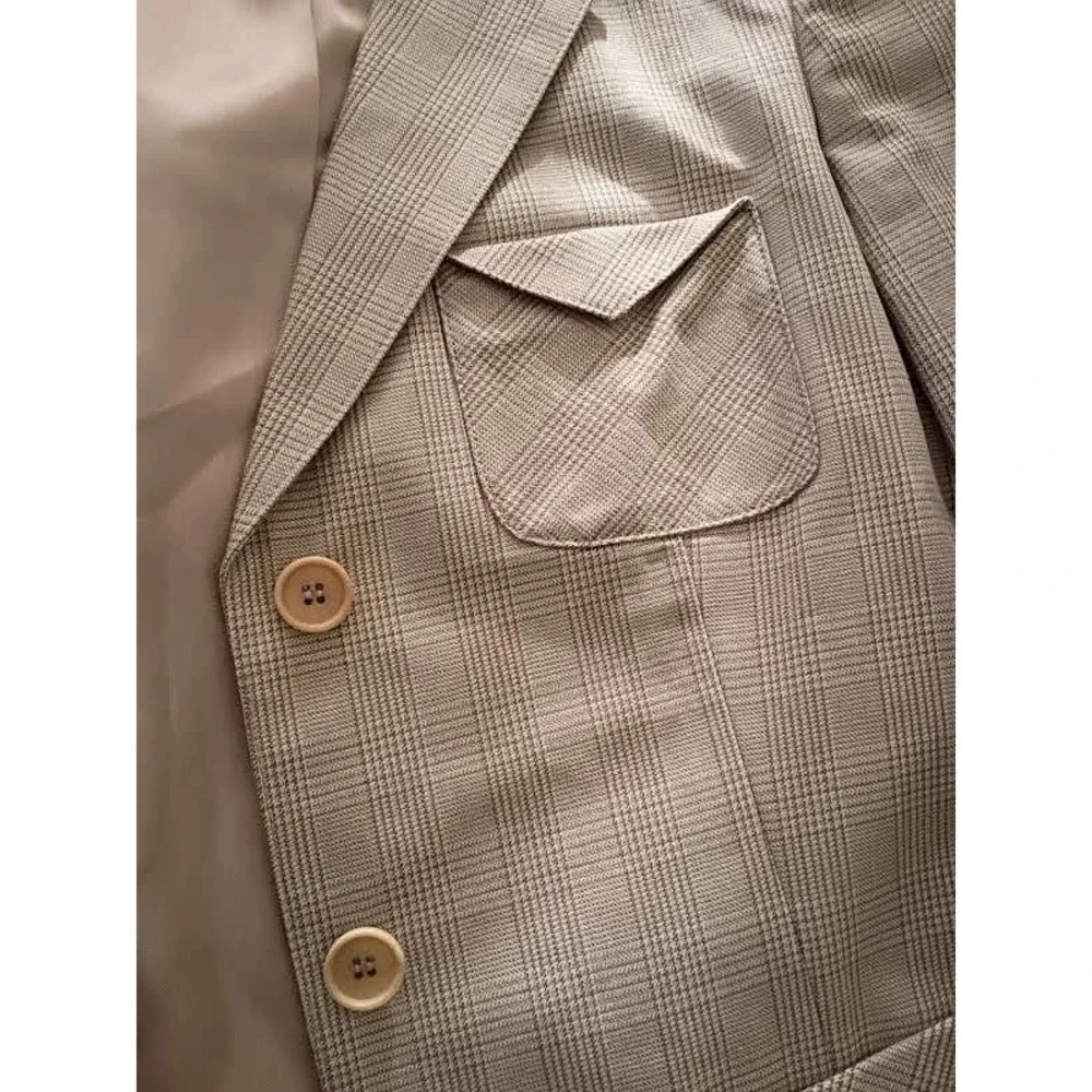 DKNY‎ Glen Plaid Tailored Blazer Tan Cotton NWOT Size 2 Classic Minimalist